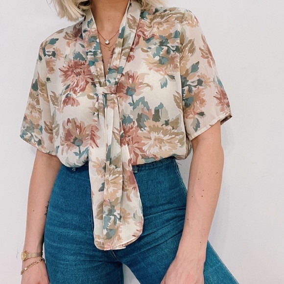 Vintage Floral Tie-Neck Blouse Semi Sheer - Picture 1 of 5